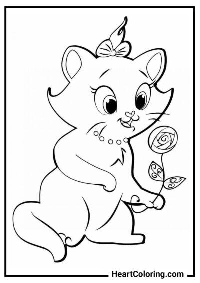 Кошечка с розой в лапках - Раскраски Кошек и Котят