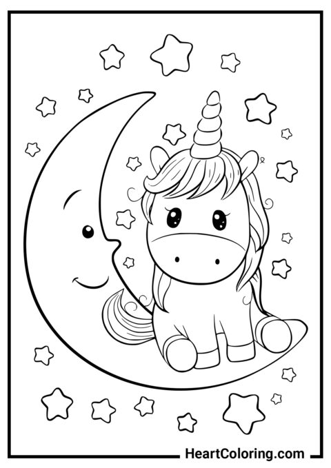 Unicornio Sentado en Media Luna - Dibujos de Unicornios para Colorear