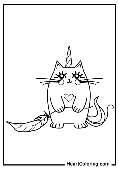 14 – Katzen-Einhorn mit einer Feder - Einhorn Ausmalbilder