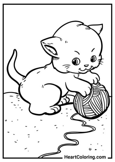Игривый котёнок с клубком - Раскраски Кошек и Котят