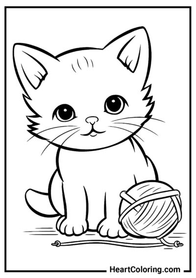 Gato fofo com uma bola de lã - Desenhos de Gatos e Gatinhos para Colorir