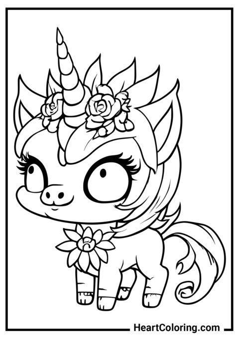 Unicornio Divertido con Dos Rosas - Dibujos de Unicornios para Colorear