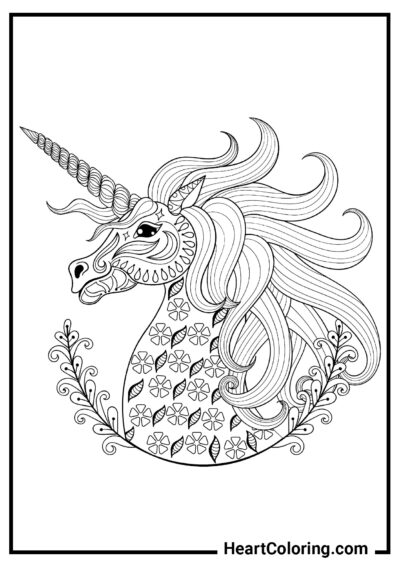 Unicorno anti-stress da colorare con motivo floreale - Disegni di Unicorni da Colorare