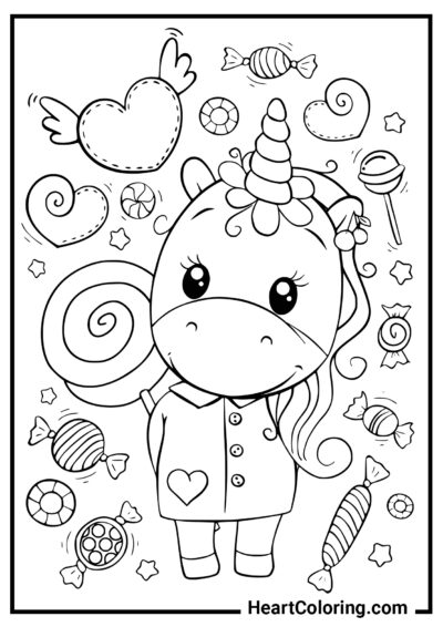 Cute Unicorn in a Coat amid Candyland - Unicorn Coloring Pages