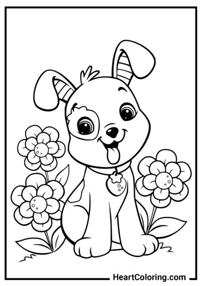 Perro feliz entre flores - Dibujos para colorear de perros y cachorros