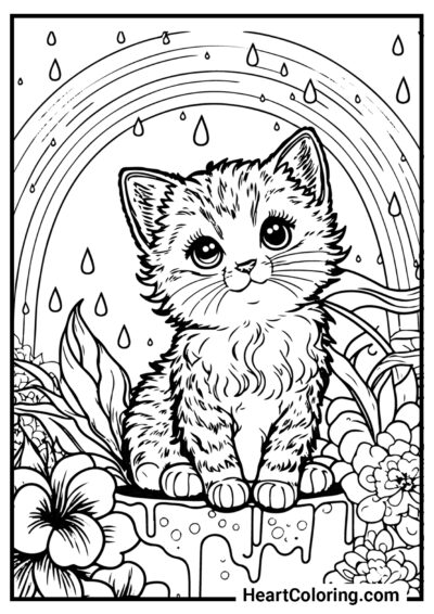 Kitten in the rain - Cat and Kitten Coloring Pages