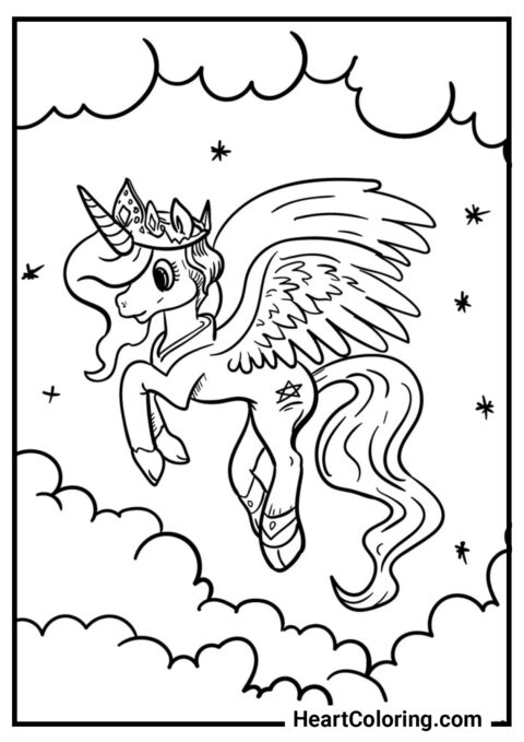 Winged Unicorn among Clouds with Crown - Unicorn Coloring Pages