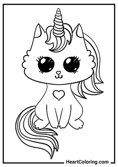 Gatinho Unicórnio Arco-Íris com Coração - Desenhos de Unicórnio para Colorir