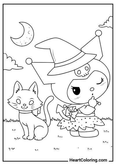 Walking with a cat - Kuromi Coloring Pages