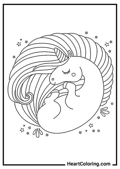 Licorne endormie avec une longue crinière - Coloriages Licorne