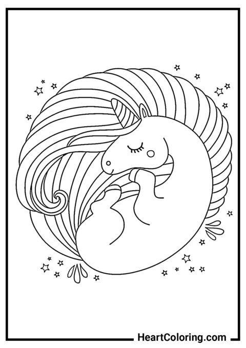 Sleeping Unicorn with Long Mane - Unicorn Coloring Pages