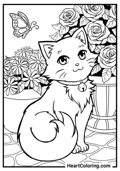 Kitty in the garden - Cat and Kitten Coloring Pages