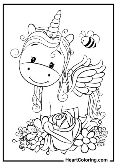 Unicornio Alado Entre Flores - Dibujos de Unicornios para Colorear
