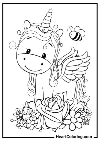 Winged Unicorn Amid Flowers - Unicorn Coloring Pages