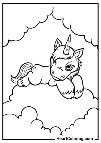 Unicorno bellissimo che riposa sulle nuvole - Disegni di Unicorni da Colorare