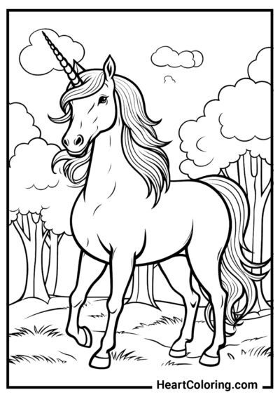 Unicorn in the Forest - Unicorn Coloring Pages