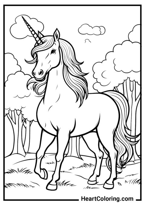 Unicorn in the Forest - Unicorn Coloring Pages