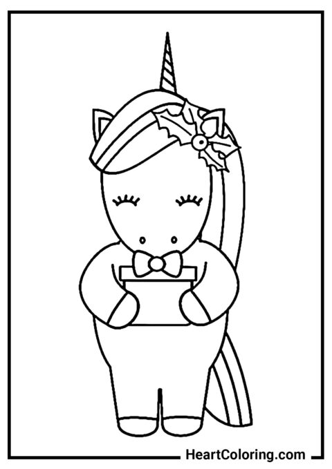 Cute Christmas Unicorn with Gift - Unicorn Coloring Pages