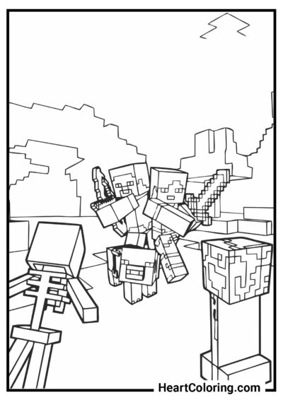 Steve and Alex fight mobs - Minecraft Coloring Pages