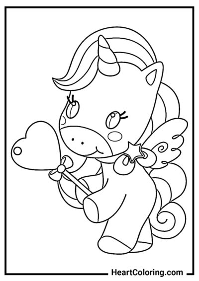 Unicorno con lecca-lecca a forma di cuore - Disegni di Unicorni da Colorare