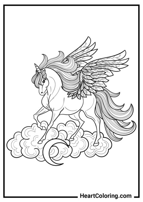 42 – Prächtiger Pegasus, der unter den Wolken schwebt - Einhorn Ausmalbilder
