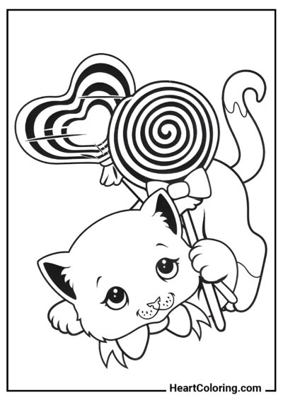 Kitten with lollipops - Cat and Kitten Coloring Pages