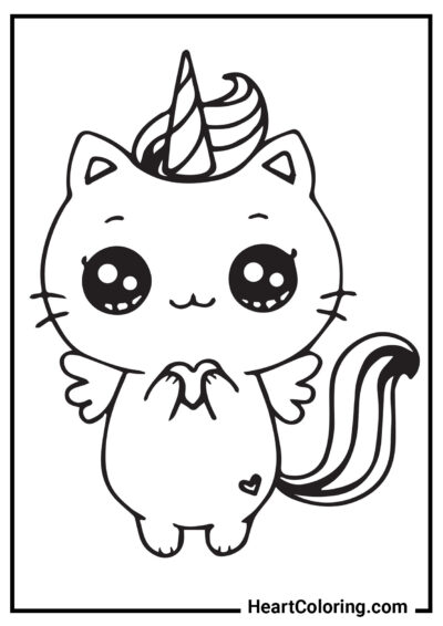 Gatito Unicornio con Corazón en las Patas - Dibujos de Unicornios para Colorear