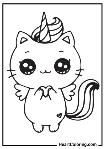 Unicorn Kitten with Heart in Paws - Unicorn Coloring Pages