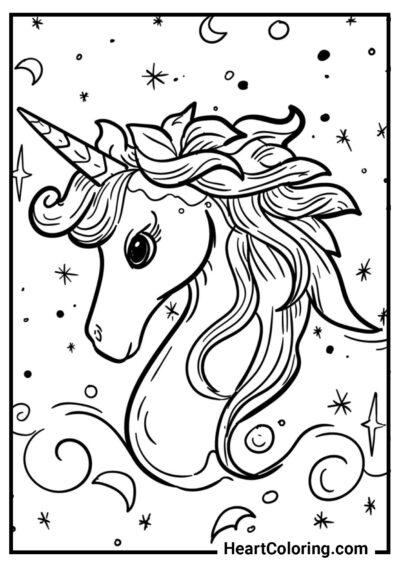 Testa di bellissimo unicorno contro il cielo stellato - Disegni di Unicorni da Colorare