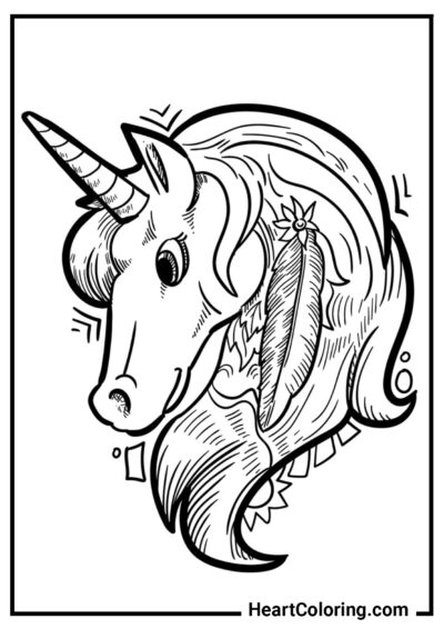 Testa di unicorno con fermaglio per capelli a piuma - Disegni di Unicorni da Colorare