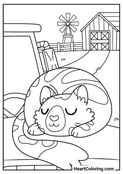 Colorir Gato dormindo no capô do trator — ideal para meninos e meninas