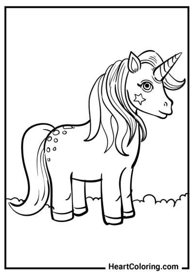 Petit poney licorne avec étoile sur la joue - Coloriages Licorne