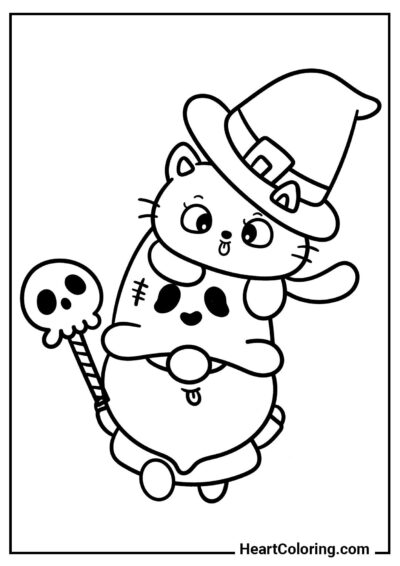 Gatinho com chapéu de bruxa — desenho gratuito em preto e branco