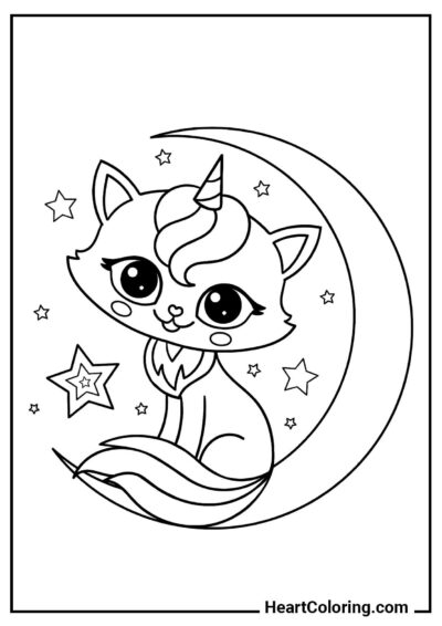 Gatinho unicórnio na lua — pintar é fácil e divertido