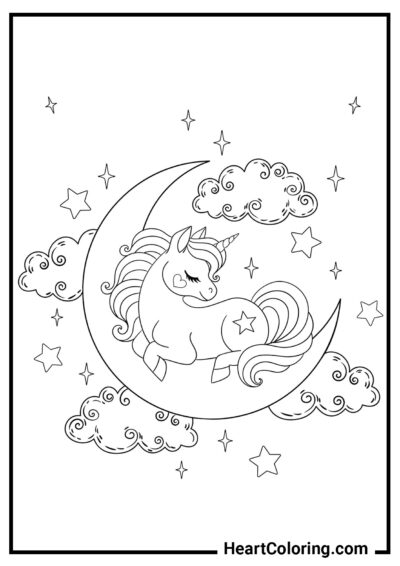 56 – Niedliches Einhorn schläft auf dem Mond am Nachthimmel - Einhorn Ausmalbilder