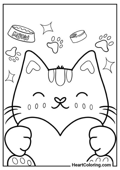 Imprimir agora: Gatinho segurando um coração — desenho para pintar