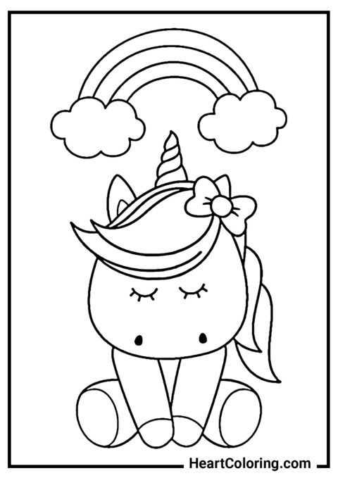 Unicorn with Bow in Mane under the Rainbow - Unicorn Coloring Pages