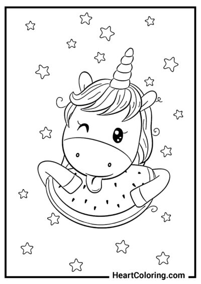 Unicorno giocoso che lecca l’anguria - Disegni di Unicorni da Colorare