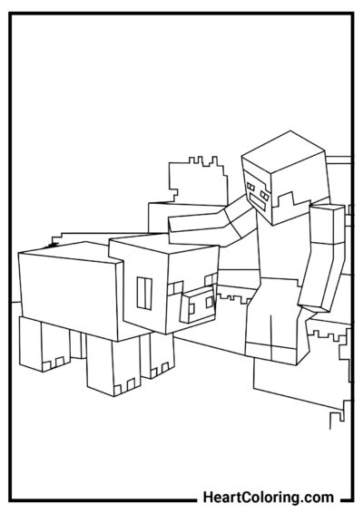 Steve petting the pig - Minecraft Coloring Pages