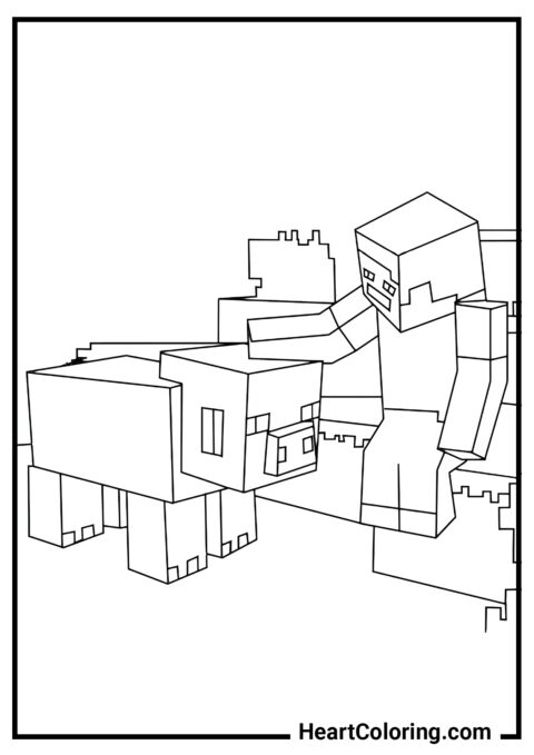 Steve petting the pig - Minecraft Coloring Pages