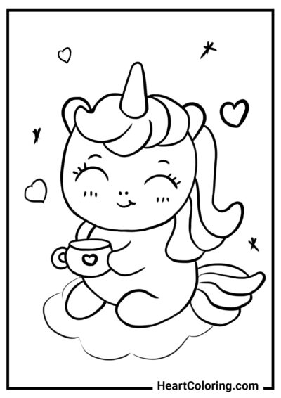 Cute unicorn with coffee mug - Unicorn Coloring Pages