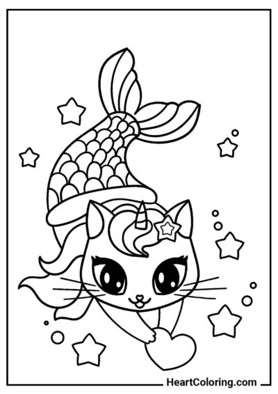 Desenho Gatinho sereia com coração — ótimo para imprimir em casa