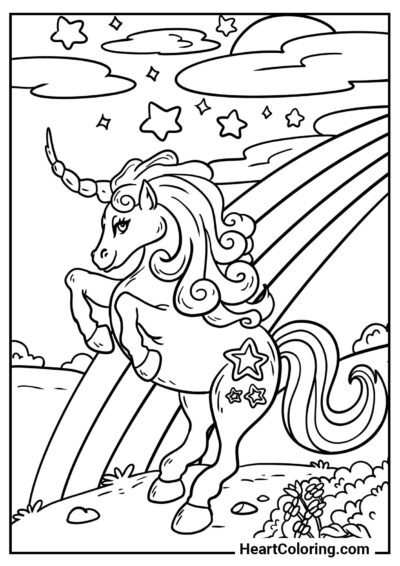 Magnifique licorne avec un fond arc-en-ciel — coloriage A4 à imprimer