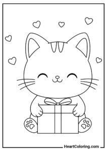 Cute Kitten with a Gift – print or color online