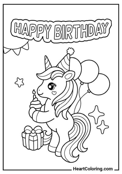 Carte d’anniversaire avec une licorne — feuille imprimable de la collection "Coloriages Licorne"
