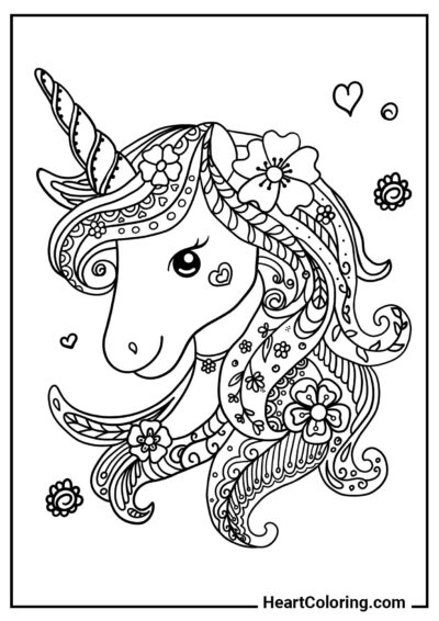 Tête de licorne avec motif floral — dessin gratuit pour enfants