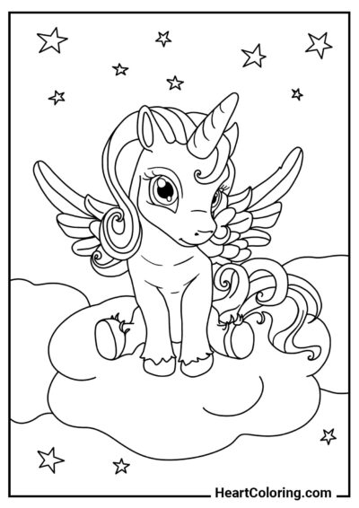 Desenho divertido: Doce unicórnio em uma nuvem para crianças de todas as idades