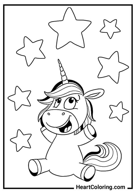 Star-Gazing Happy Unicorn - Unicorn Coloring Pages