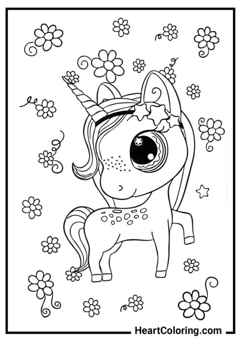 Unicorno carino con corona di fiori - Disegni di Unicorni da Colorare