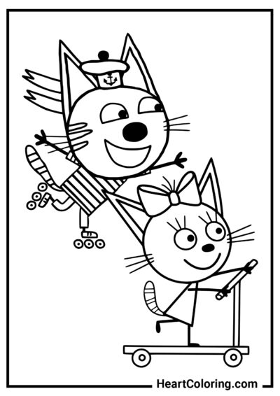 Карамелька и Коржик катаются по улице - Раскраски Три кота